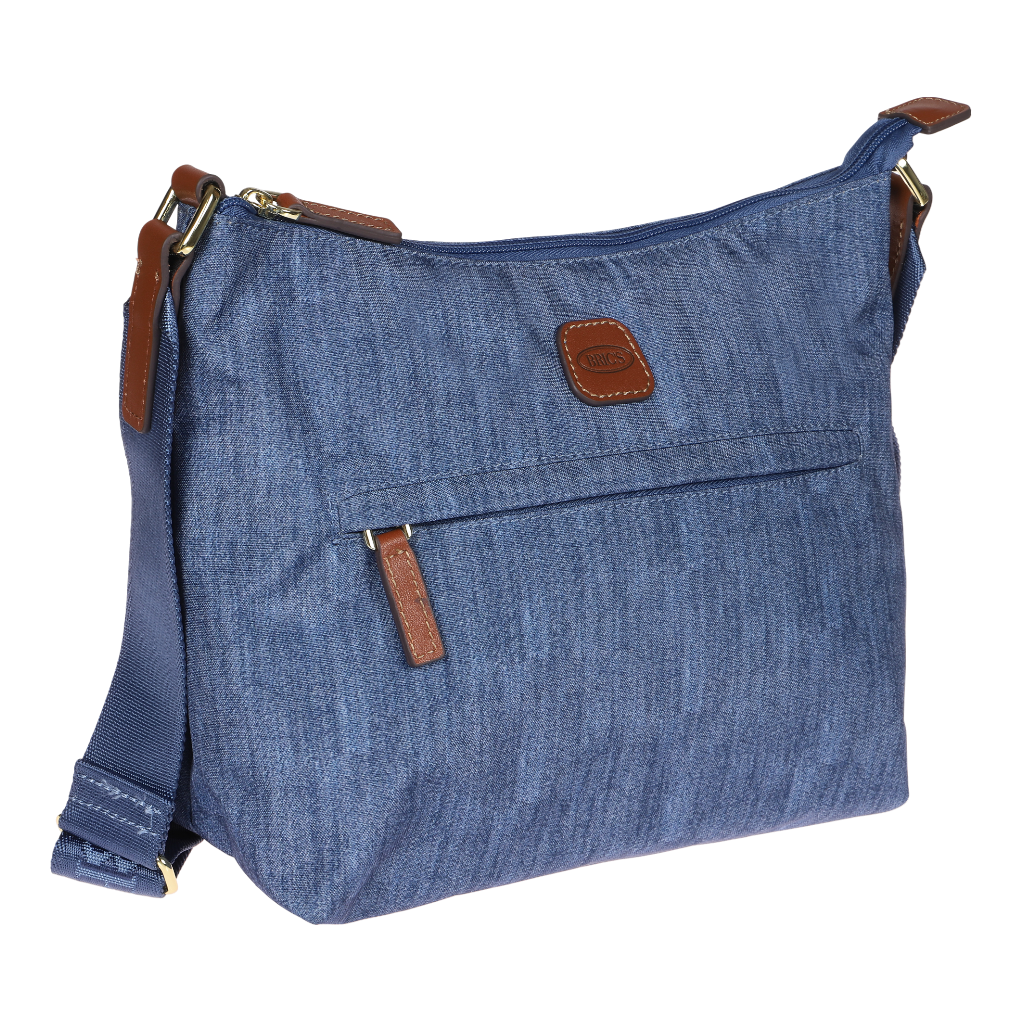 Elegante blaue Umhängetasche mit braunen Lederakzenten