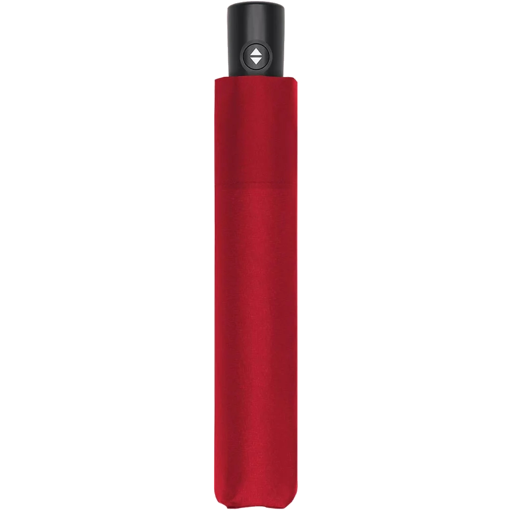 Ein kompakter roter Taschenschirm mit schwarzem Griff und automatischem Öffnungsmechanismus