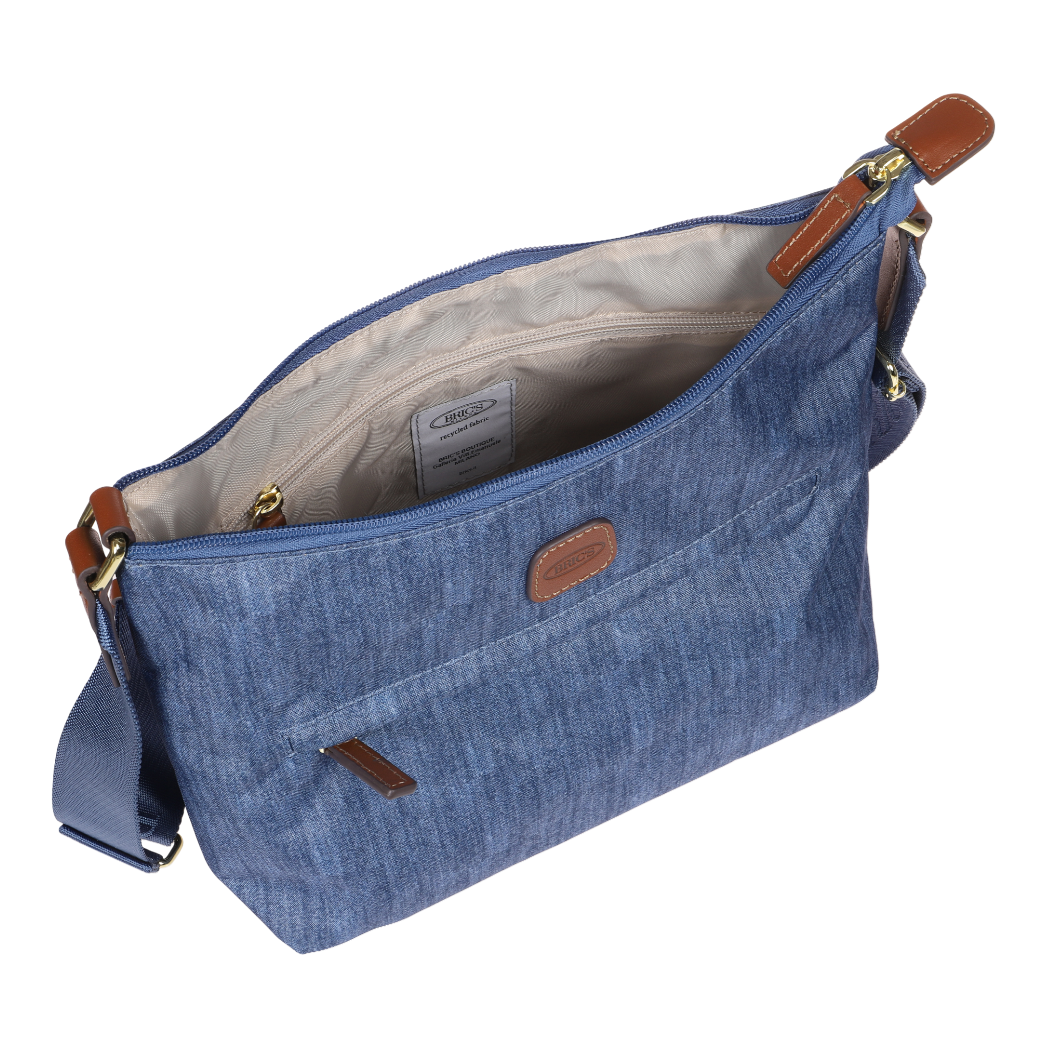 Offene blaue Stofftasche mit braunen Lederdetails und verstellbarem Schultergurt